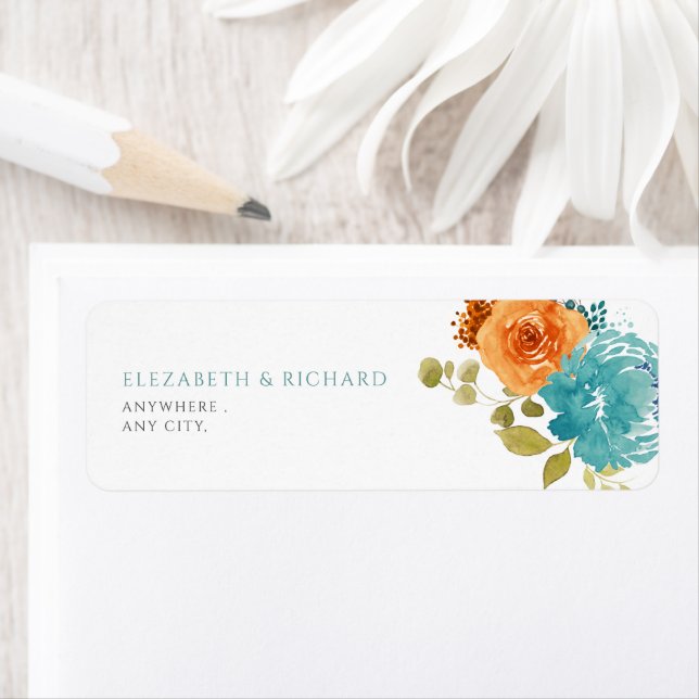 Étiquette florale automnale orange brûlée sarcelle (En situation)