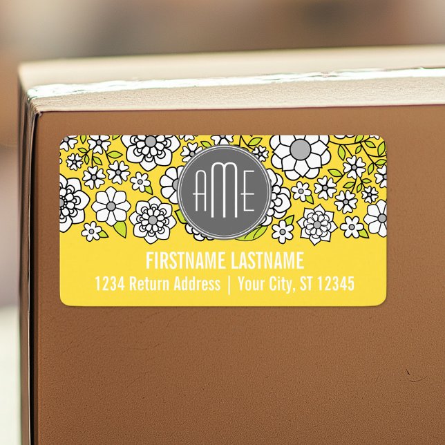 Étiquette Flore printanière tendance Illustration gris et ja (Custom Shipping Label with Return Address)