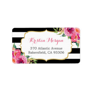 Étiquette Fuchsia rose violet moderne Flore BW Stripes