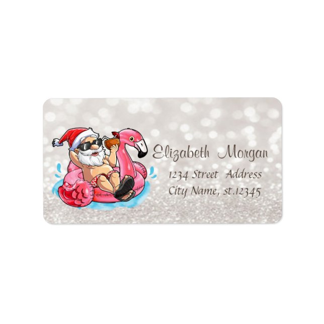 Étiquette Funky Santa Claus, Flamants roses roses Glittery B (Devant)