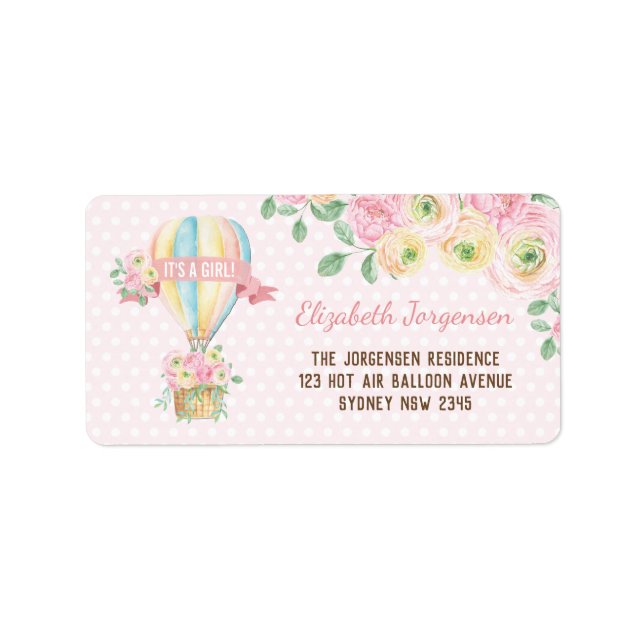 Étiquette Girl Rose Floral Hot Air Balloon Adresse de retour (Devant)