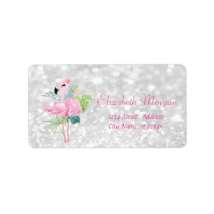 Étiquette Glitterie, Bokeh, Feuilles tropicaux, Flamants ros