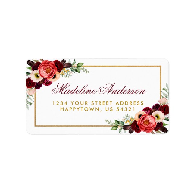 Étiquette Gold Burgundy Floral Boho Adresse Mariage (Devant)