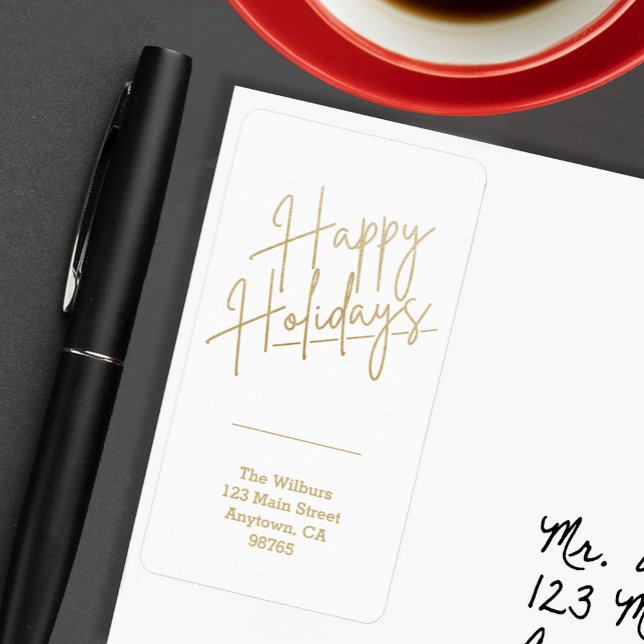 Étiquette Gold Happy Holidays Return Address (Gold script Happy Holidays on white vertical return address labels)