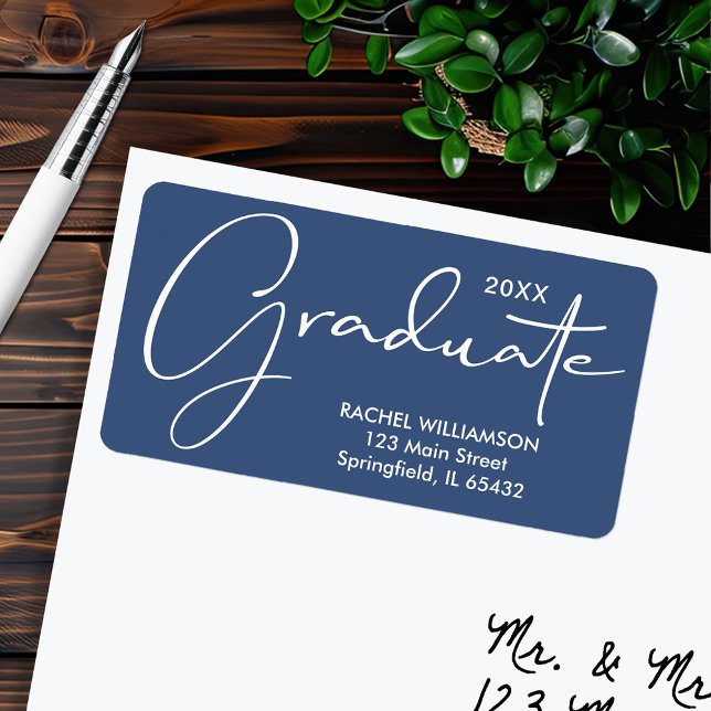 Étiquette Graduation Élégant Script Bleu Adresse de retour (Graduation Elegant Script Blue Return Address Labels)