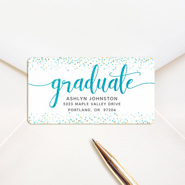 Étiquette Graduation turquoise script moderne adresse person (Créateur téléchargé)