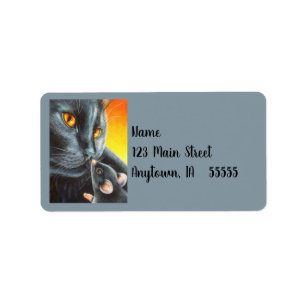Étiquette Halloween Chat noir et souris noire aquarelle Art