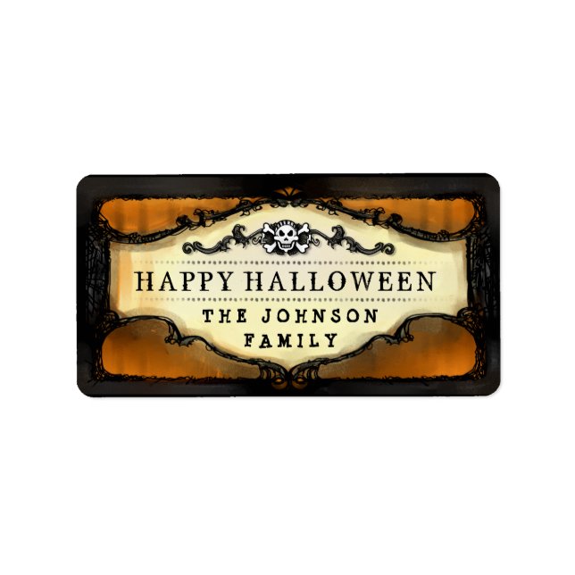 Étiquette Halloween Orange et Crâne noir Traite personnalisé (Devant)