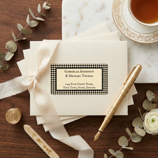 Étiquette Harlequin Black Cream Text Border Address Labels (Créateur téléchargé)