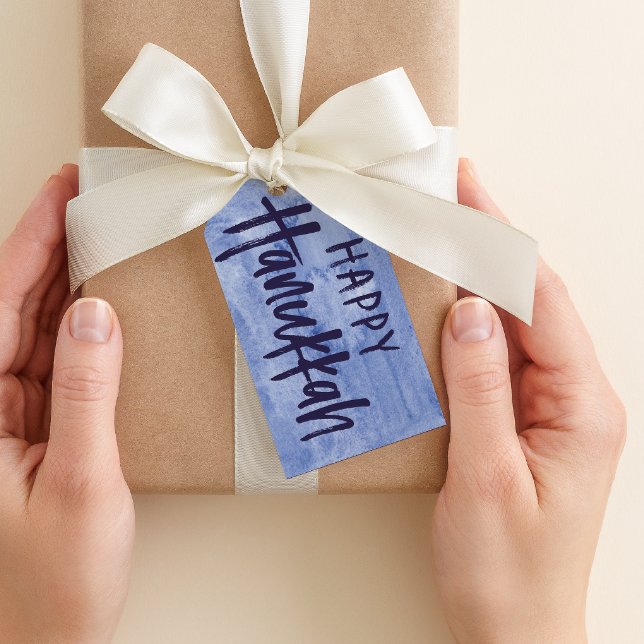 Étiquette heureuse de cadeau de Hanoukka de (watercolor and brush style lettering blue happy Hanukkah gift tag)