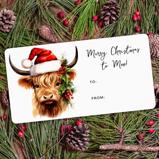 Étiquette Highland Cow Festive Farm Joyeux cadeau de Noël (Créateur téléchargé)