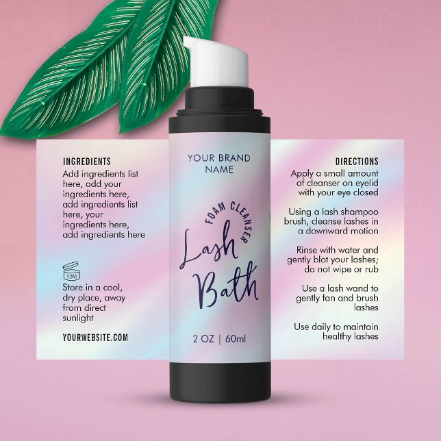 Étiquette holographique branché à laveuse de bain  (Trendy holographic effect lash bath foam bottle wrap around label with fully editable text)