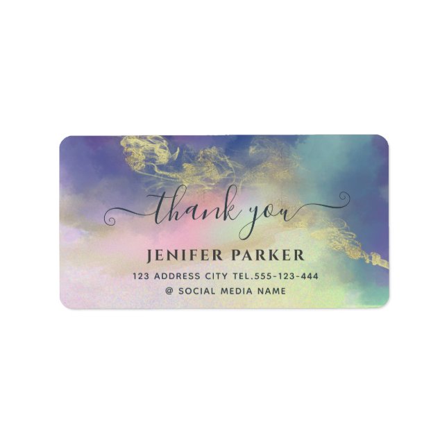 Étiquette Holographique or aquarelle script merci squar (Devant)