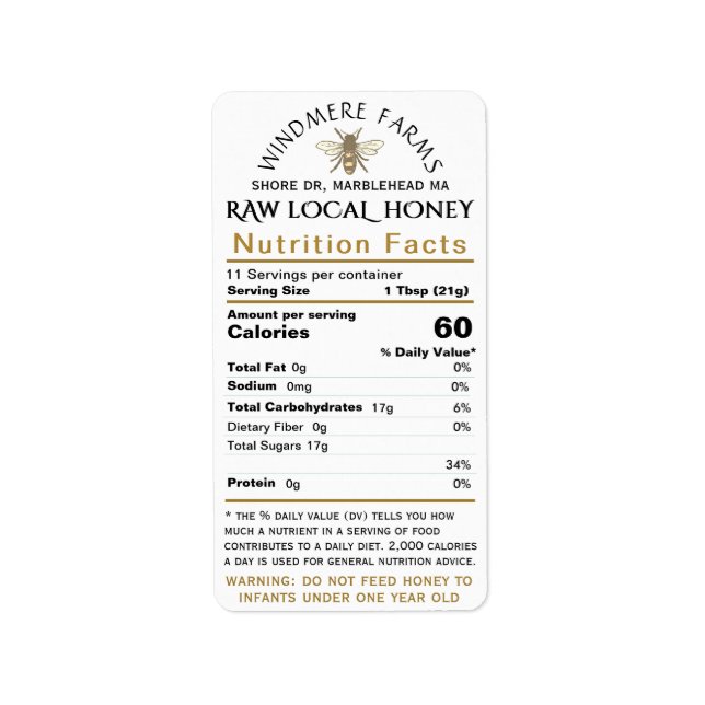 Étiquette Honey Nutrition bébé Avertissement & Bee Taille de (Devant)