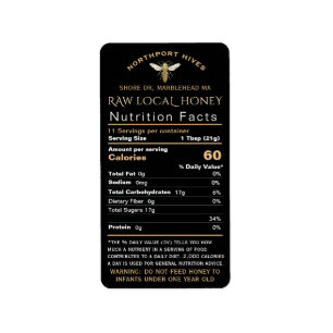 Étiquette Honey Nutrition Facts with Infant Warning & Bee   
