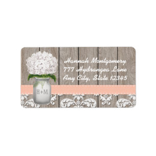 Étiquette Hydrangée blanche Monogramme Mason Jar en Pêche