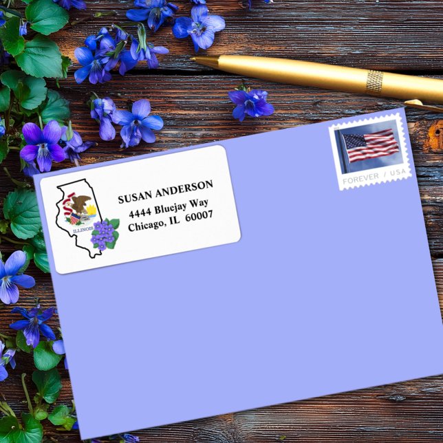 Étiquette Illinois Drapeau et Fleur bleu commun Violet perso (Créateur téléchargé)