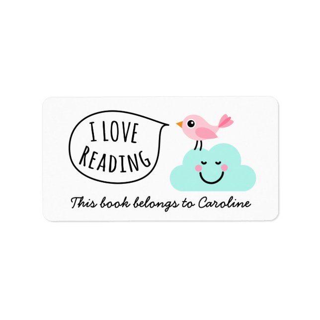 Étiquette J'aime lire rose oiseau heureux Cloud bookplate (Devant)