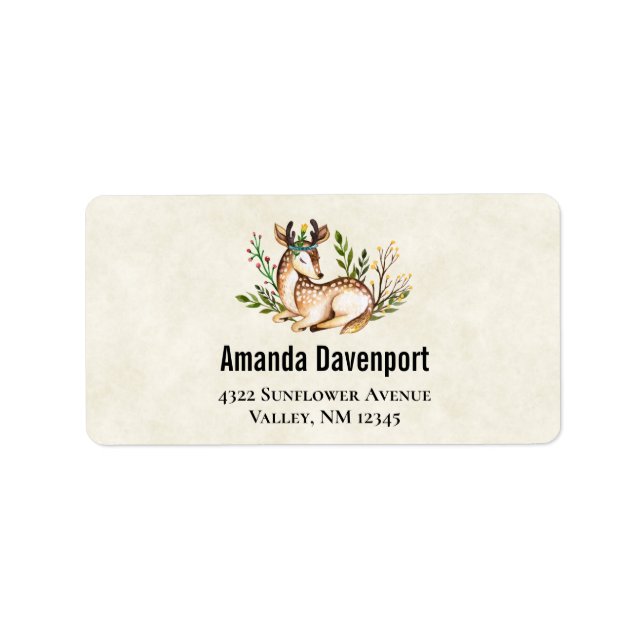 Étiquette Joli Cerf Aquarellé Posé En Bas Boho (Devant)