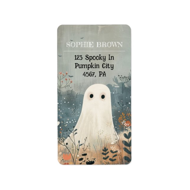 Étiquette Joli fantôme parmi les fleurs Adresse d'Halloween (Devant)