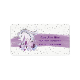Étiquette Jolie aquarelle Unicorne Purple & Silver Accents