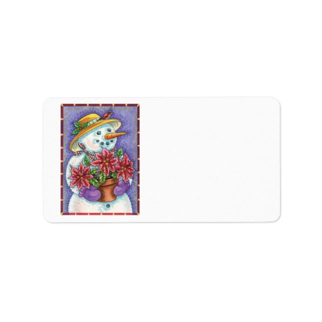 Étiquette Jolie fille de Noël Snowman avec Poinsettia (Devant)
