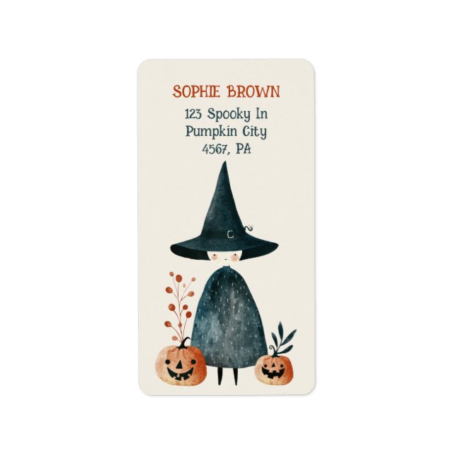 Étiquette Jolie sorcière avec Citrouille Halloween Adresse d (Devant)