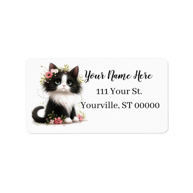 Étiquette Jolie Tuxedo Kitten avec Fleurs (Devant)