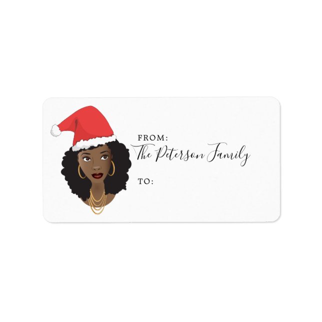 Étiquette Joyeux Noël, Femme noire, Chapeau de Père Noël Rou (Devant)