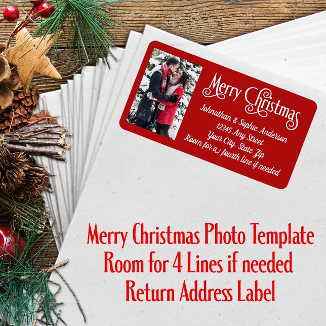 Étiquette Joyeux Noël Photo 4 Ligne Adresse de retour (Merry Christmas Photo Template Return Address Label with Room for 4 Lines if needed  )