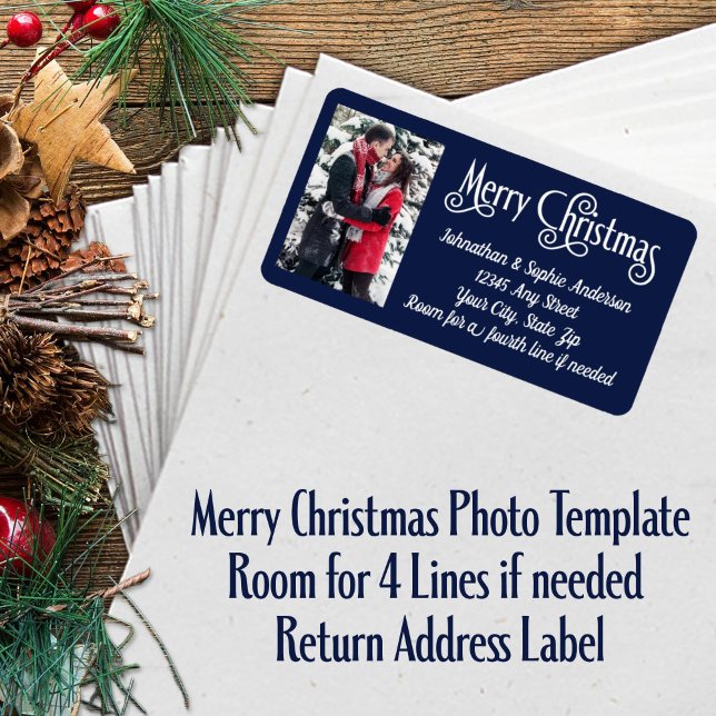 Étiquette Joyeux Noël Photo 4 Ligne Adresse de retour Label (Merry Christmas Photo Template Return Address Label with Room for 4 Lines if needed  )