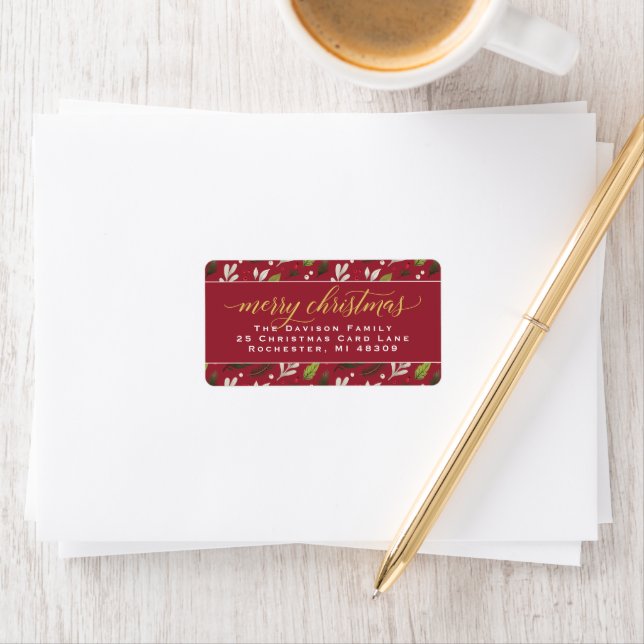 Étiquette Joyeux Noël Rouge or Elegant Script Adresse (En situation)