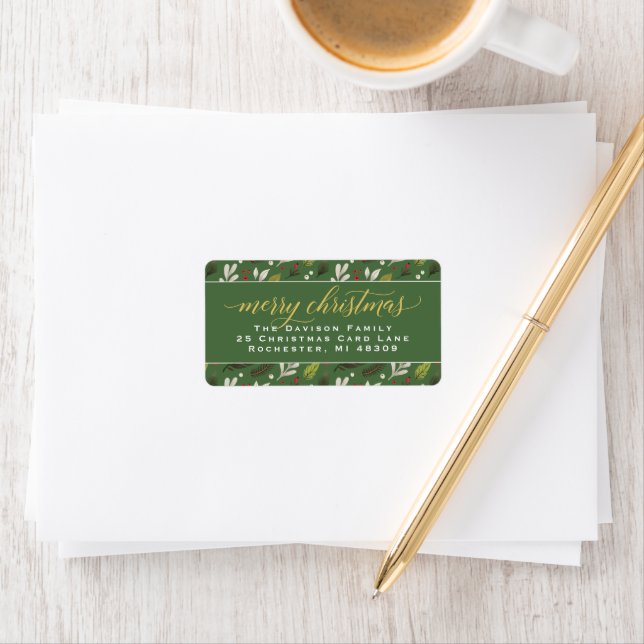 Étiquette Joyeux Noël Vert or élégant Script Adresse (En situation)
