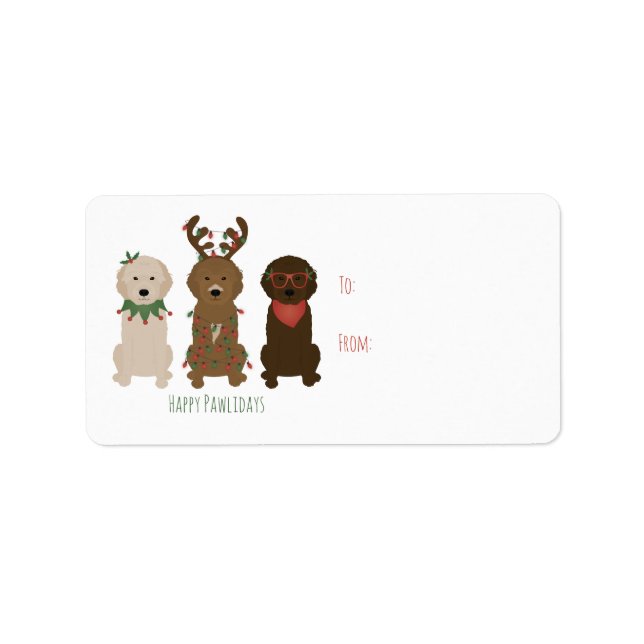 Étiquette Joyeux Pawlidays Goldendoodle lumières de Noël (Devant)