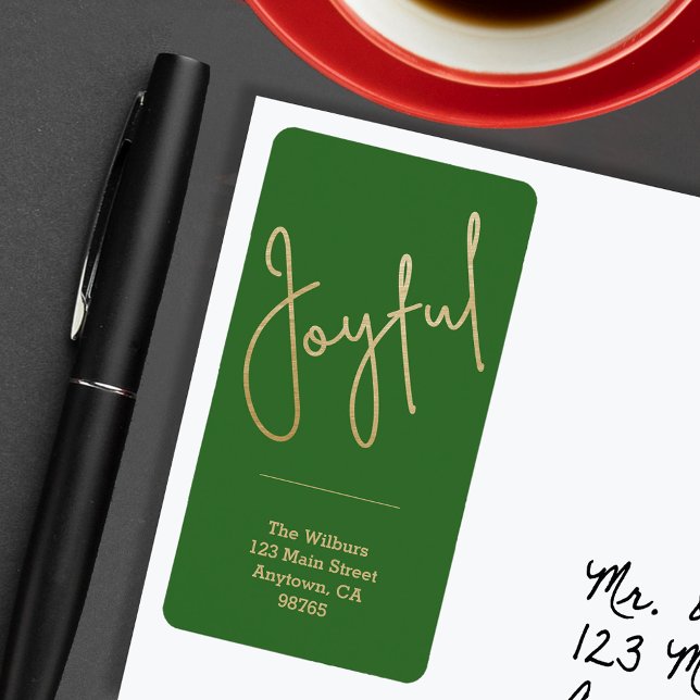 Étiquette JOYFUL Gold Faux Foil Green Christmas Adresse (JOYFUL Faux Gold Foil on Green Return Address Labels)