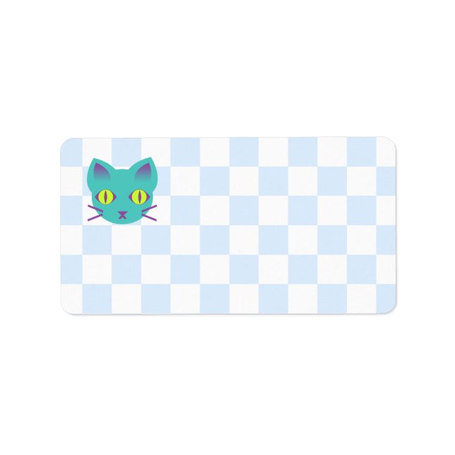 Étiquette Kawaii Anime Kitty Chat Bleu et Blanc Checkerboard (Devant)