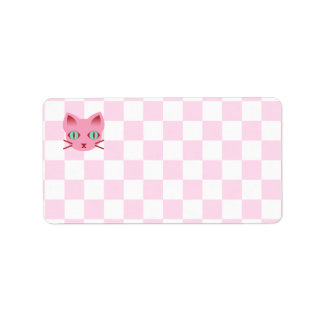 Étiquette Kitty Chat Anime Kawaii Rose & Blanc Damier
