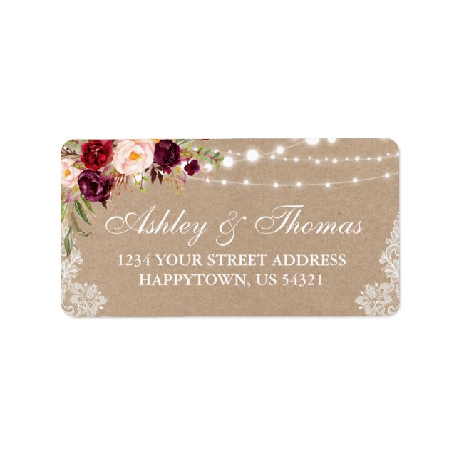Étiquette Kraft Rustic Mariage Lights Lace Floral Adresse (Devant)
