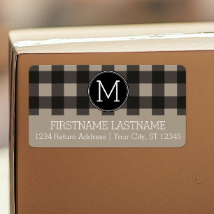 Étiquette Lin rustique Bison noir Plaid en vichy Monogramme