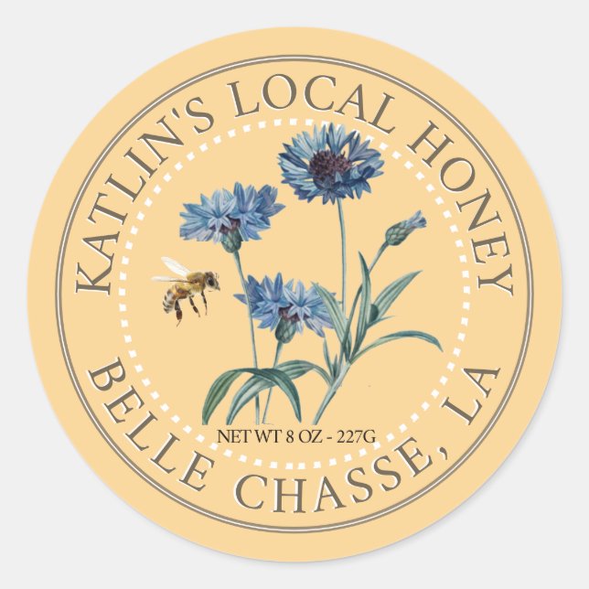 Étiquette local de miel avec aster bleu et abeille (Devant)