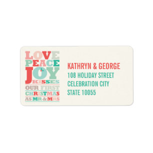 Étiquette Love Peace Joy Kisses Typographie Adresse de Noël