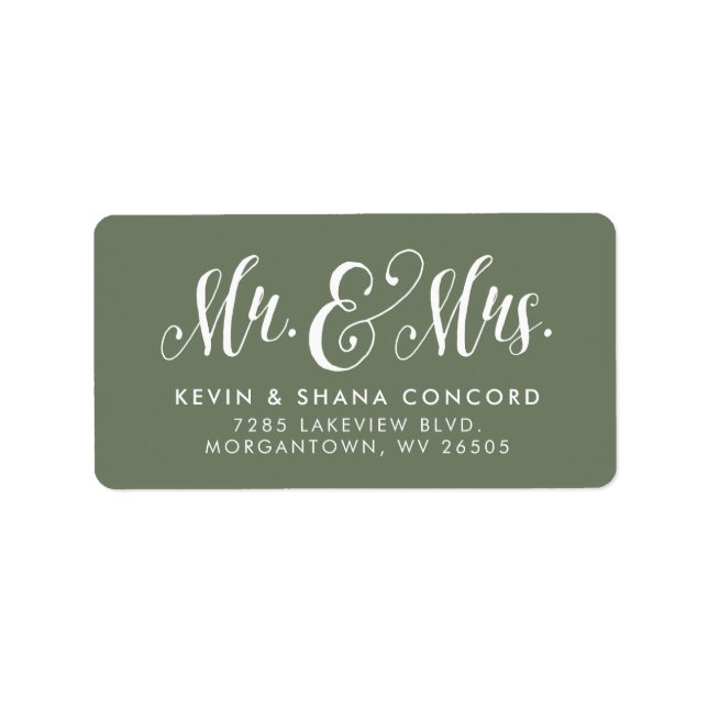 Étiquette M. et Mme newlysée sage adresse de retour verte (Devant)