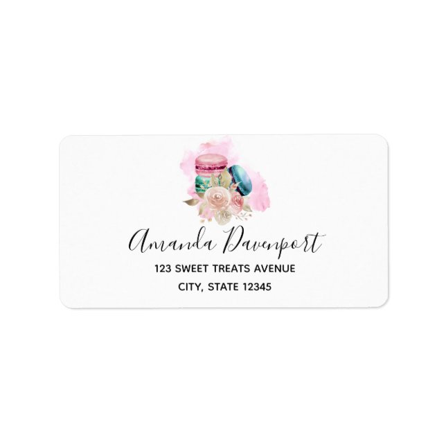 Étiquette Macarons et fleurs colorés Aquarelle (Devant)