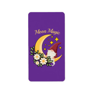 Étiquette Magie Lunaire Gnome Mignon sur Illustration Floral