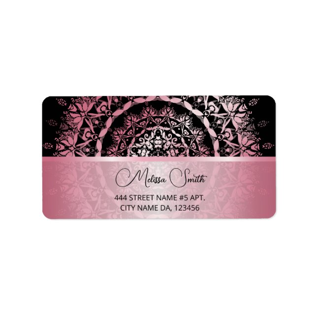 Étiquette Mandala noir métallisé rose brillant (Devant)