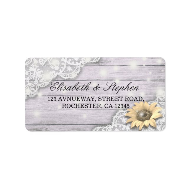 Étiquette Mariage Adresse Dentelle Tournesol Bois Lumières (Devant)