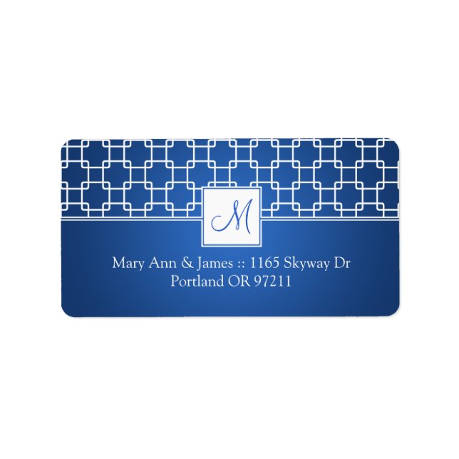Étiquette Mariage Adresse Monogram Trellis Motif Bleu (Devant)
