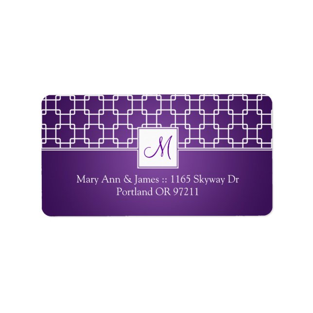 Étiquette Mariage Adresse Monogram Trellis Motif Purple (Devant)