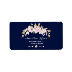 Étiquette Mariage bleu marine à fleurs rose pâle