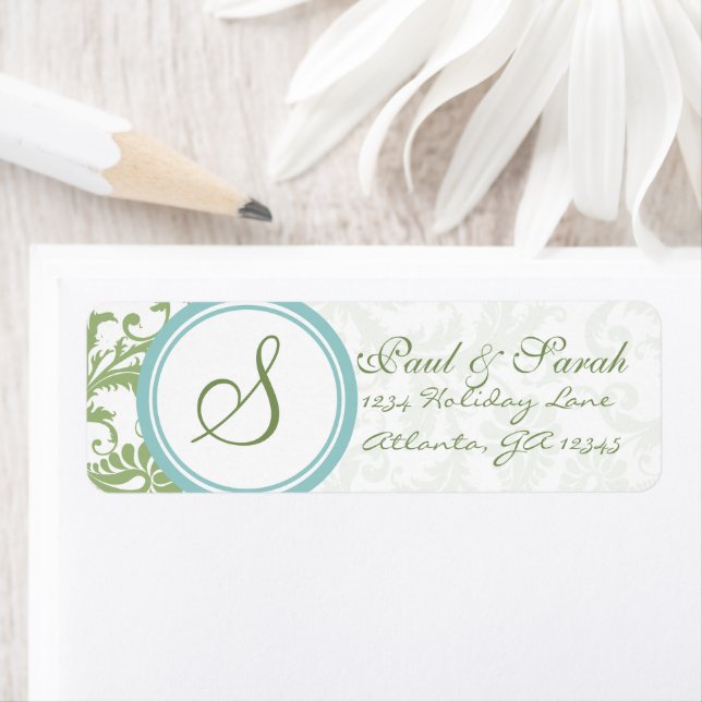 Étiquette Mariage Clover Green et Aqua Blue (En situation)